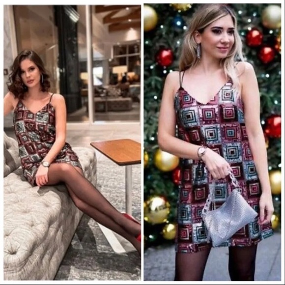 ZARA Blogger Favorite Geometric Print Sequin Mini Slip Dress Medium NEW Party - Picture 1 of 15